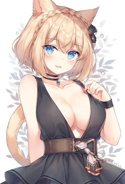 Anime picture 899x1322 with final fantasy final fantasy xiv square enix miqo'te ayuanlv single tall image looking at viewer blush fringe short hair breasts open mouth blue eyes light erotic simple background blonde hair smile hair between eyes large breasts