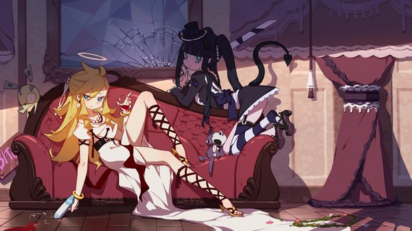 Anime picture 1920x1080 with panty & stocking with garterbelt anarchy stocking anarchy panty chuck (psg) mosquito coils long hair looking at viewer fringe highres blue eyes light erotic black hair blonde hair hair between eyes wide image twintails multiple girls holding payot pink hair