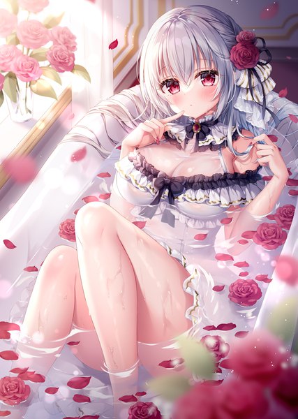 Anime picture 712x1000 with original mitsuba choco single long hair tall image looking at viewer blush fringe breasts light erotic hair between eyes red eyes large breasts sitting cleavage silver hair bent knee (knees) indoors nail polish hair flower