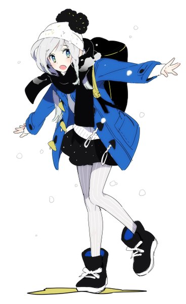 Anime picture 744x1211 with original poo (donkan gokko) single long hair tall image looking at viewer open mouth blue eyes simple background white background silver hair full body braid (braids) snowing spread arms snow girl hat pantyhose jacket