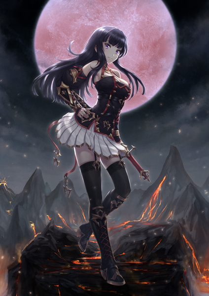 Anime picture 1555x2200 with king's raid seria (king's raid) ml.e single long hair tall image looking at viewer blush fringe breasts black hair large breasts standing purple eyes bare shoulders holding cleavage full body blunt bangs night