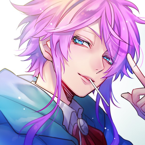 Anime-Bild 850x850 mit hypnosis mic amemura ramuda huwakemushi03 single long hair looking at viewer fringe blue eyes simple background white background payot pink hair parted lips light smile mouth hold face food in mouth boy food sweets