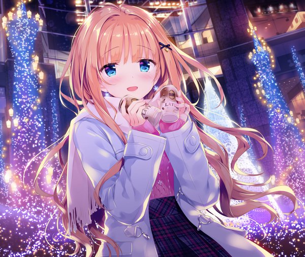Anime picture 1920x1621 with original date situation zukan saijo melia kimishima ao single long hair looking at viewer blush fringe highres open mouth blue eyes blonde hair smile night girl bow hair bow earrings jacket