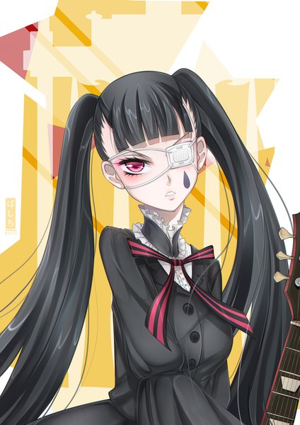 Anime picture 1200x1697 with fukumenkei noise arisugawa nino basti rin single long hair tall image looking at viewer fringe black hair simple background twintails blunt bangs long sleeves parted lips pink eyes facial mark makeup girl dress bow