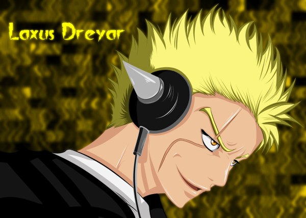 Anime picture 5000x3572 with fairy tail laxus dreyar rocky-ace single highres short hair open mouth blonde hair smile absurdres inscription orange eyes coloring portrait scar face boy headphones