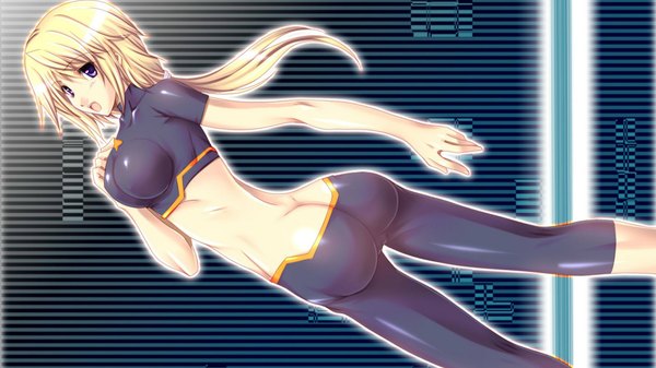 Anime picture 1920x1080 with infinite stratos 8bit charles dunois single long hair blush highres open mouth light erotic blonde hair wide image purple eyes ass back girl bodysuit