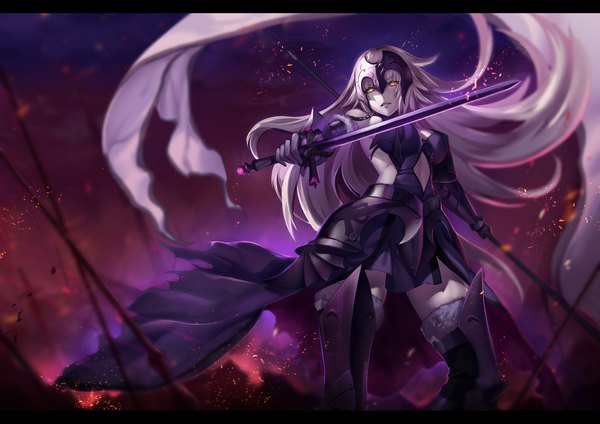 Anime picture 2046x1447 with fate (series) fate/grand order fate/apocrypha a-1 pictures jeanne d'arc (fate) (all) jeanne d'arc alter (fate) jeanne d'arc alter (avenger) (third ascension) (fate) zeroshiki kouichi single long hair fringe highres breasts standing bare shoulders holding yellow eyes white hair parted lips blurry