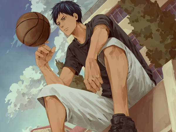 Anime-Bild 1000x750 mit kuroko no basket production i.g aomine daiki kuehsy single fringe short hair blue eyes sitting blue hair sky cloud (clouds) from below dark skin boy shorts t-shirt ball white shorts basketball ball