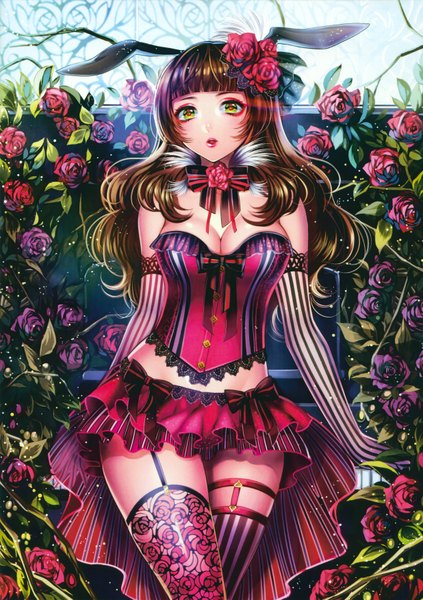 Anime picture 2470x3500 with original matsurika youko single long hair tall image looking at viewer fringe highres breasts light erotic red eyes brown hair large breasts standing green eyes animal ears parted lips hair flower lips bunny ears