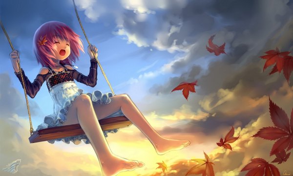 Anime picture 1600x960 with observerz single short hair open mouth wide image pink hair sky cloud (clouds) eyes closed barefoot bare belly evening sunset autumn girl swing