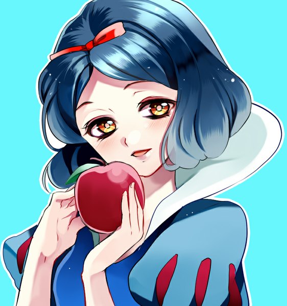 Anime picture 750x800 with snow white and the seven dwarfs disney snow white kurabayashi single tall image looking at viewer blush short hair simple background blue hair parted lips orange eyes portrait aqua background girl bow hair bow fruit apple