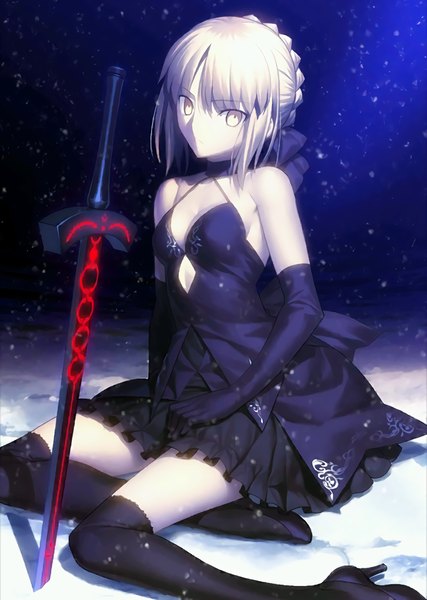 Anime picture 819x1152 with fate (series) fate/stay night type-moon artoria pendragon (all) saber alter takeuchi takashi single long hair tall image looking at viewer fringe blonde hair sitting bare shoulders yellow eyes bent knee (knees) braid (braids) no bra shadow hair bun (hair buns)