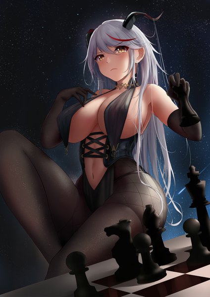 Anime picture 1240x1753 with azur lane aegir (azur lane) user mnwn3283 single long hair tall image looking at viewer blush fringe breasts light erotic hair between eyes holding brown eyes payot silver hair bent knee (knees) multicolored hair horn (horns) night