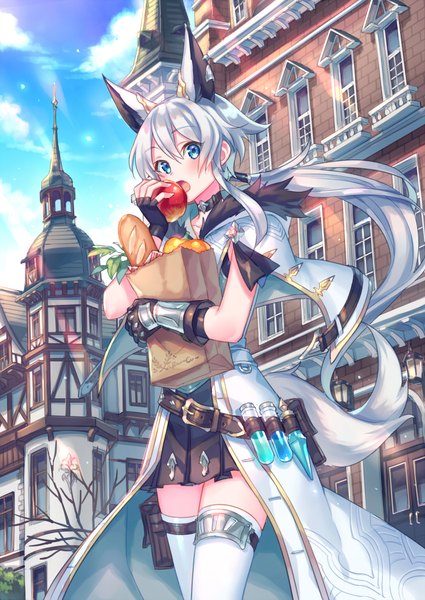 Anime picture 1500x2118 with original zoff (daria) single long hair tall image looking at viewer blush fringe open mouth blue eyes hair between eyes standing holding animal ears payot sky silver hair cloud (clouds) outdoors tail