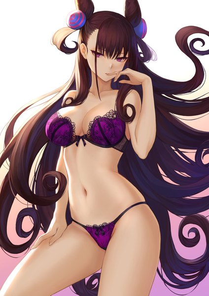 Anime picture 1302x1842 with fate (series) fate/grand order murasaki shikibu (fate) mashuu (neko no oyashiro) single long hair tall image looking at viewer fringe breasts light erotic simple background hair between eyes brown hair large breasts standing purple eyes bare shoulders payot cleavage