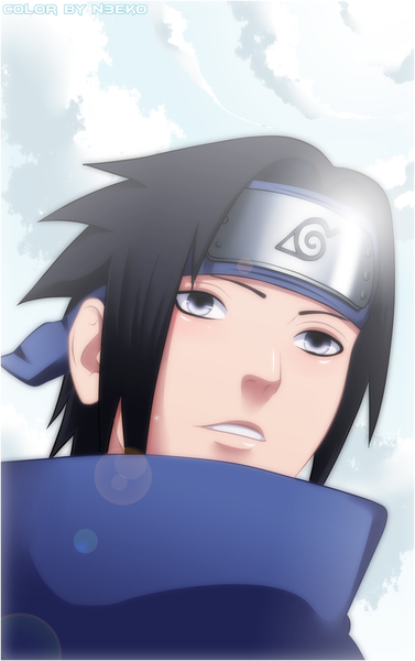 Anime picture 1024x1627 with naruto studio pierrot naruto (series) uchiha sasuke n3eko123 single tall image short hair black hair purple eyes sky cloud (clouds) sunlight coloring portrait face boy sun bandana