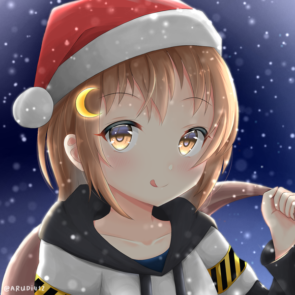 Anime picture 1800x1800 with original arudi412 single looking at viewer fringe highres short hair smile brown hair brown eyes signed payot snowing christmas :q crescent girl hat tongue hood