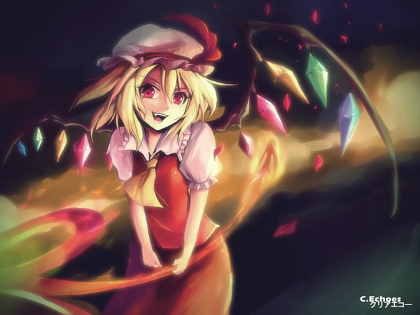 Anime picture 3200x2400 with touhou flandre scarlet clearechoes single looking at viewer highres short hair open mouth blonde hair smile red eyes signed absurdres girl dress skirt weapon wings bonnet skirt set