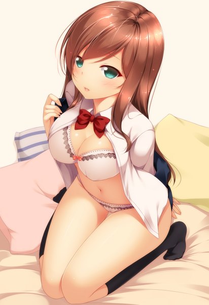 Anime picture 1100x1600 with mobile suit gundam gundam build fighters sunrise (studio) kamiki mirai shokuyou mogura single long hair tall image looking at viewer blush light erotic brown hair green eyes cleavage open clothes open shirt no shoes kneeling undressing girl