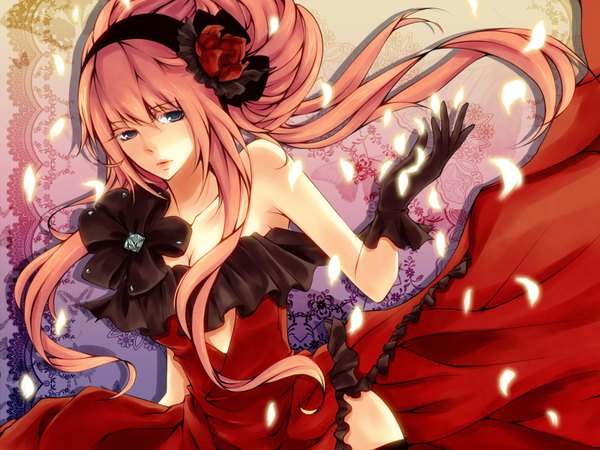 Anime picture 1600x1200 with vocaloid megurine luka single long hair blue eyes bare shoulders pink hair hair flower girl dress gloves hair ornament flower (flowers) petals hairband