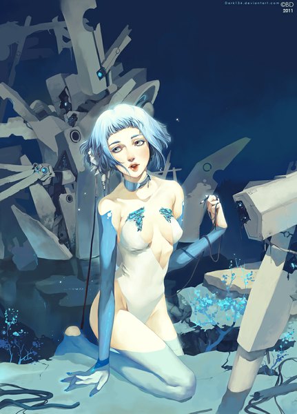 Anime picture 800x1112 with original dark134 tall image short hair light erotic blue hair looking away inscription grey eyes kneeling mechanical girl plant (plants) detached sleeves choker water bodysuit wire (wires) android