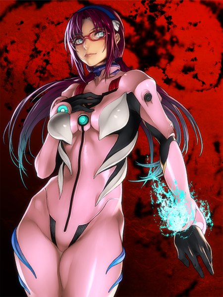 Anime picture 901x1200 with neon genesis evangelion rebuild of evangelion evangelion: 2.0 you can (not) advance gainax makinami mari illustrious simuka (kazakami) single long hair tall image twintails purple hair low twintails hand on chest silver eyes girl glasses hairband pilot suit