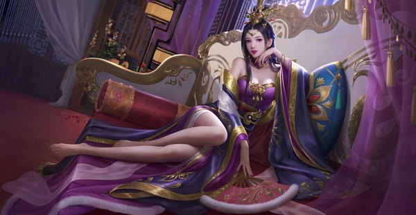 Anime picture 1927x1000 with legend of the three kingdoms cai furen fan xiu single long hair looking at viewer fringe highres breasts black hair wide image sitting purple eyes bare shoulders cleavage full body bent knee (knees) indoors nail polish traditional clothes