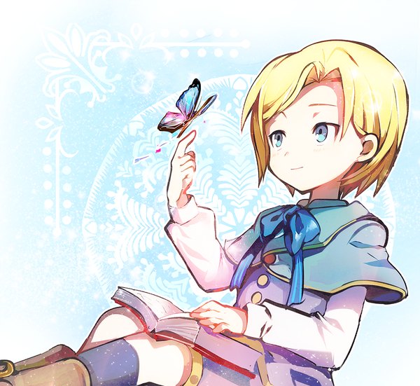 Anime picture 1000x919 with harvest moon tagme (character) konbu wakame single short hair blonde hair smile sitting blue background butterfly on hand boy socks boots book (books) insect black socks butterfly