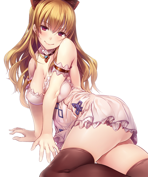 Anime picture 833x1000 with granblue fantasy vira lilie matsukawa (pale scarlet) single long hair tall image looking at viewer blush fringe light erotic blonde hair smile hair between eyes red eyes ass ponytail head tilt arm support reclining naughty face