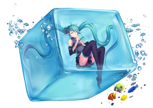 Anime picture 1414x1000 with vocaloid hatsune miku single eyes closed very long hair aqua hair underwater revision girl thighhighs skirt black thighhighs detached sleeves animal fish (fishes) cube