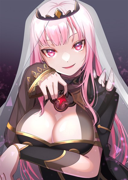 Anime picture 1062x1500 with virtual youtuber hololive hololive english mori calliope mori calliope (1st costume) ryofuhiko single long hair tall image looking at viewer breasts light erotic smile large breasts pink hair cleavage upper body nail polish head tilt pink eyes