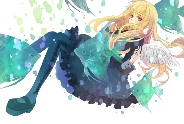 Anime picture 1748x1181 with dogs: bullets & carnage david production nill cang seli single long hair looking at viewer highres blonde hair yellow eyes angel wings gothic girl dress wings bubble (bubbles) fish (fishes)