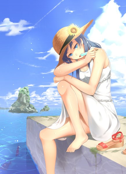 Anime picture 2100x2900 with original shinbee single long hair tall image looking at viewer highres blue eyes sitting blue hair sky cloud (clouds) girl dress hat food sweets sundress ice cream straw hat