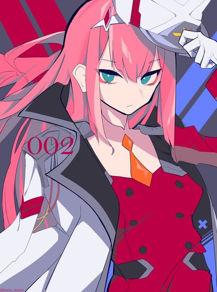 Anime picture 4000x5379 with darling in the franxx studio trigger zero two (darling in the franxx) kania single long hair tall image looking at viewer fringe highres hair between eyes pink hair absurdres upper body aqua eyes expressionless clothes on shoulders hat removed headwear removed girl