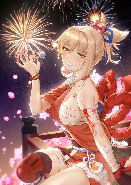 Anime picture 1500x2122 with genshin impact yoimiya (genshin impact) linreplica single tall image looking at viewer blush fringe short hair breasts open mouth light erotic blonde hair smile hair between eyes sitting bare shoulders holding yellow eyes traditional clothes