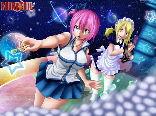 Anime picture 2000x1494 with fairy tail lucy heartfilia virgo (fairy tail) themisaki66 long hair highres short hair open mouth blue eyes blonde hair twintails multiple girls yellow eyes pink hair ponytail pleated skirt inscription maid coloring side ponytail
