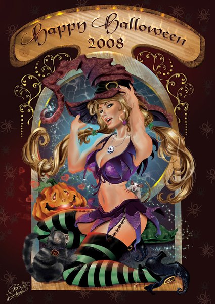 Anime picture 702x992 with cris delara single long hair tall image looking at viewer breasts open mouth light erotic blonde hair twintails green eyes lips bare belly halloween witch happy halloween 2008 girl thighhighs skirt
