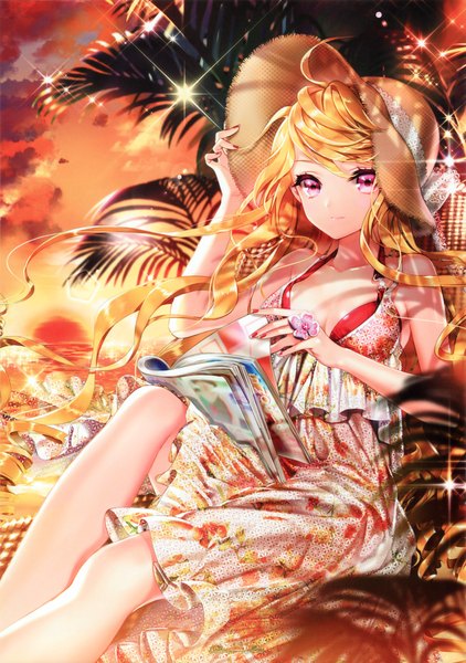 Anime picture 2134x3035 with sword girls cinia pacifica cocoon (loveririn) single long hair tall image looking at viewer highres blonde hair pink eyes evening sunset girl dress plant (plants) hat tree (trees) sundress palm tree straw hat
