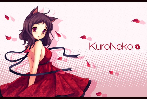 Anime picture 1802x1217 with original kurone kuroneko single looking at viewer blush highres short hair red eyes brown hair bare shoulders signed animal ears ahoge parted lips wind shadow floral print hands behind back polka dot polka dot background