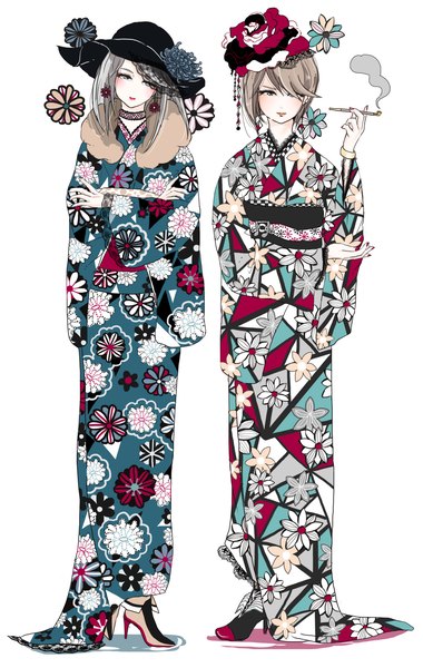 Anime-Bild 1213x1915 mit original mzhbank tall image looking at viewer fringe short hair simple background standing white background multiple girls full body nail polish traditional clothes japanese clothes hair flower grey hair hair over one eye high heels lipstick floral print