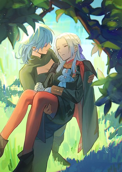 Anime picture 1452x2048 with fire emblem fire emblem: three houses nintendo edelgard von hresvelg byleth (fire emblem) byleth (female) (fire emblem) toho10min long hair tall image standing multiple girls blue hair bent knee (knees) outdoors white hair eyes closed from above carrying princess carry girl