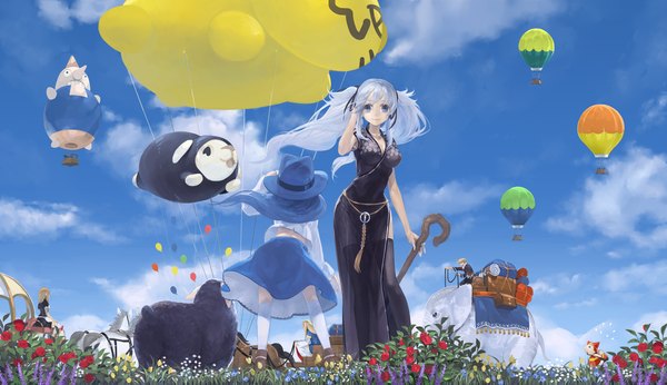 Anime picture 1730x1000 with mabinogi nao (mabinogi) toro long hair highres blue eyes wide image twintails multiple girls blue hair sky cloud (clouds) white hair girl thighhighs dress boy flower (flowers) ribbon (ribbons) black thighhighs