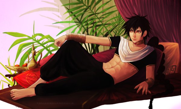 Anime picture 1317x800 with magi the labyrinth of magic a-1 pictures judal felicemelancholie single long hair black hair red eyes wide image braid (braids) barefoot realistic reclining muscle boy plant (plants) bracelet arabian clothes
