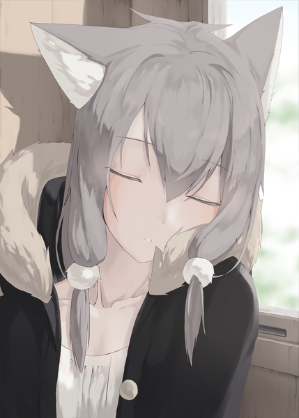 Anime picture 1295x1811 with original mikisai single long hair tall image blush fringe hair between eyes animal ears payot upper body indoors eyes closed grey hair open jacket fur trim face sleeping girl hair ornament