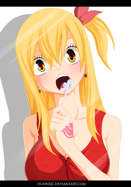 Anime picture 1500x2130 with fairy tail lucy heartfilia dudnxjc single long hair tall image looking at viewer blush breasts open mouth simple background blonde hair large breasts white background bare shoulders yellow eyes cleavage upper body teeth one side up