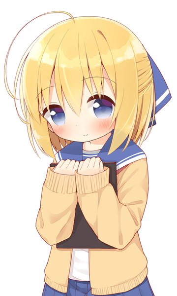 Anime picture 900x1500 with original ayanepuna single tall image looking at viewer blush fringe short hair blue eyes simple background blonde hair smile hair between eyes standing white background holding ahoge loli sleeves past wrists half updo