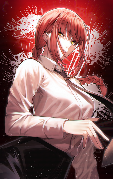 Anime picture 1890x3000 with chainsaw man mappa makima (chainsaw man) ggatip single long hair tall image looking at viewer fringe highres standing yellow eyes payot red hair braid (braids) long sleeves parted lips single braid anaglyph floral background