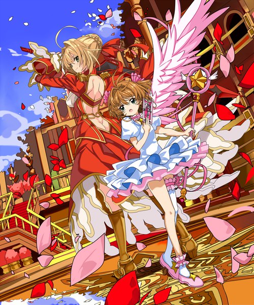 Anime picture 1000x1200 with fate (series) card captor sakura fate/extra clamp nero claudius (fate) (all) kinomoto sakura nero claudius (fate) shino (eefy) tall image fringe highres open mouth blue eyes light erotic blonde hair smile brown hair standing multiple girls holding