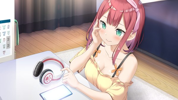 Anime picture 1920x1080 with kamisama no you na kimi e sonomura hazuki kantoku single blush fringe highres short hair breasts wide image green eyes looking away cleavage upper body red hair indoors blunt bangs multicolored hair off shoulder colored inner hair