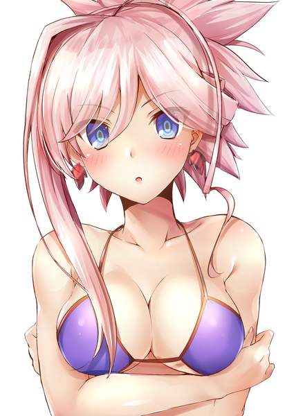 Anime picture 1194x1736 with fate (series) fate/grand order miyamoto musashi (fate) samoore single long hair tall image looking at viewer blush fringe breasts blue eyes light erotic simple background hair between eyes large breasts white background bare shoulders pink hair cleavage